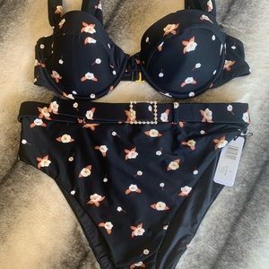 WeWoreWhat Emily Floral High Waist Pearl Belted Bikini Swim Bottoms